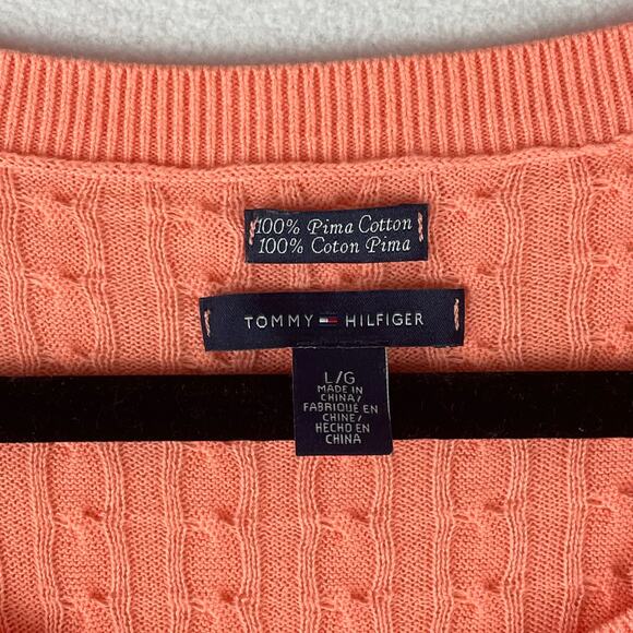 100% Pima Cotton Tangerine Tommy Hilfiger Cable Knit Lightweight Sweater Sz L - Picture 5 of 11